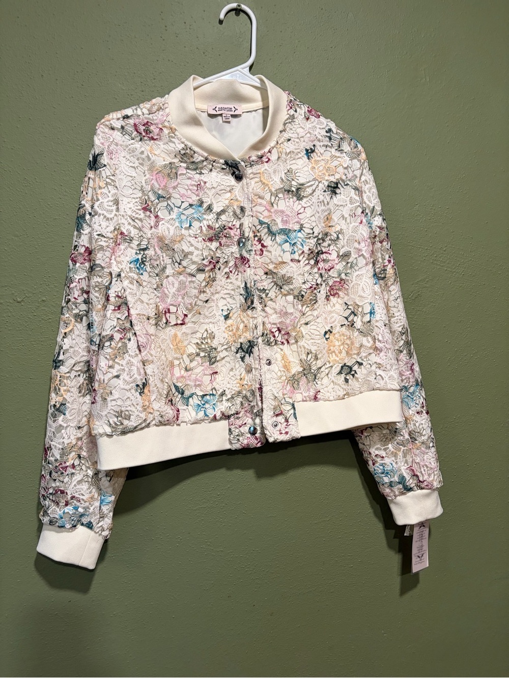 Nanette Lenore Floral Lace Bomber Jacket - Ivory with Pastel Floral Accents